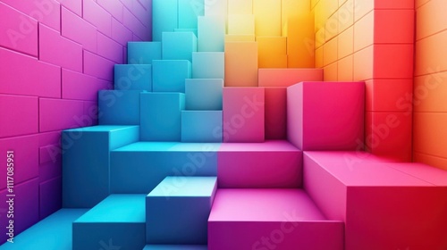 Explore vibrant colorful blocks forming stairs in a room. geometric shapes create an abstract design.