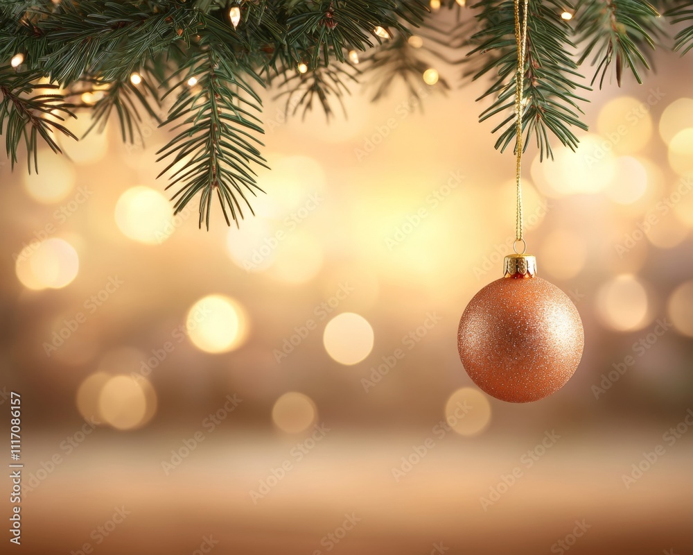 Christmas Ornament Hanging from Pine Branch with Bokeh Lights Christmas Ornament Hanging from Pine Branch with Bokeh Lights