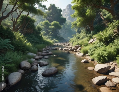 Rocky riverbed and riverbanks with lush vegetation and vibrant greenery, evergreen forests, flowers, evergreen photo