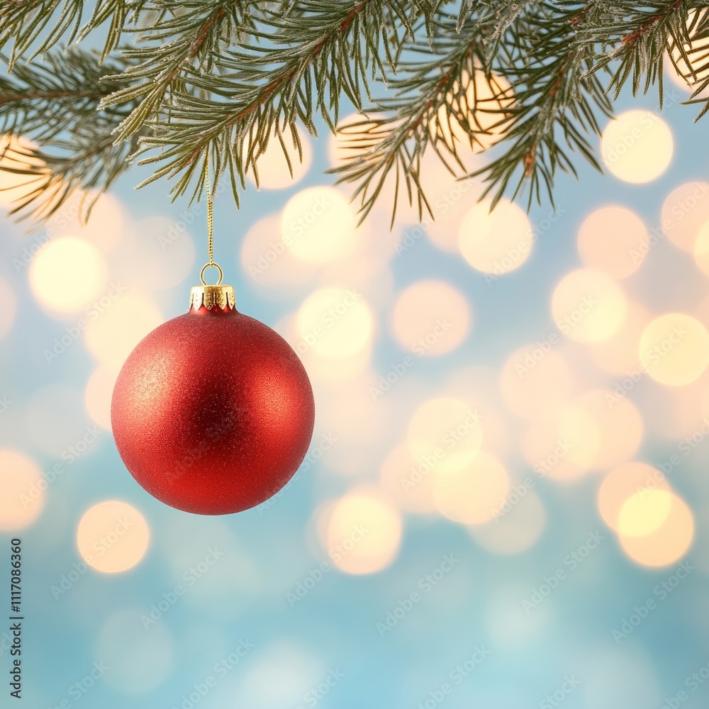 Fototapeta premium Red Christmas Ornament Hanging from Pine Branch with Bokeh Lights