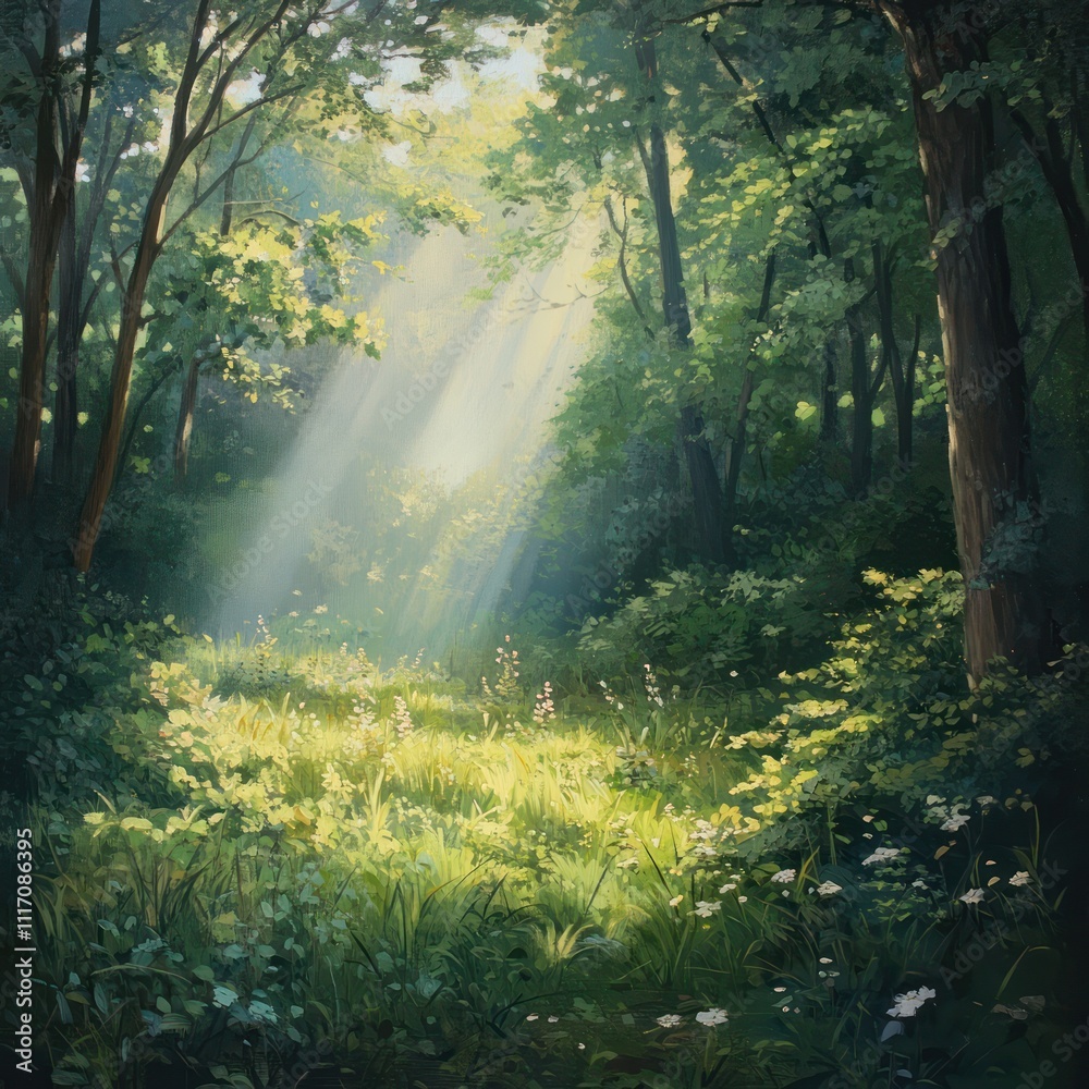 Sunlit Opening in Lush Green Forest Shows a beautiful show Sunlit Opening in Lush Green Forest Shows a beautiful show