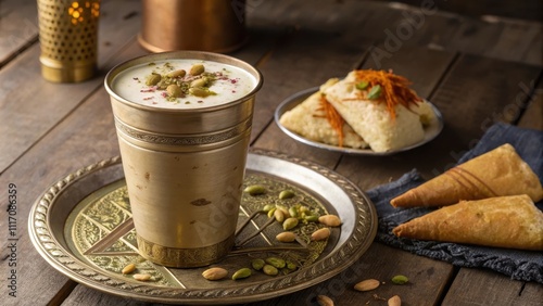 Classic sweet lassi in brass tumbler with snacks and dessert