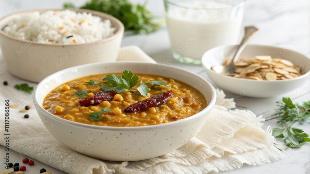Cozy serving of toor dal with rice, yogurt, and almonds Cozy serving of toor dal with rice, yogurt, and almonds