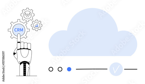 Robotic hand pressing CRM gear, icons for customers, analytics next to large cloud. Ideal for technology integration, CRM systems, automation, cloud computing, data management, business processes AI