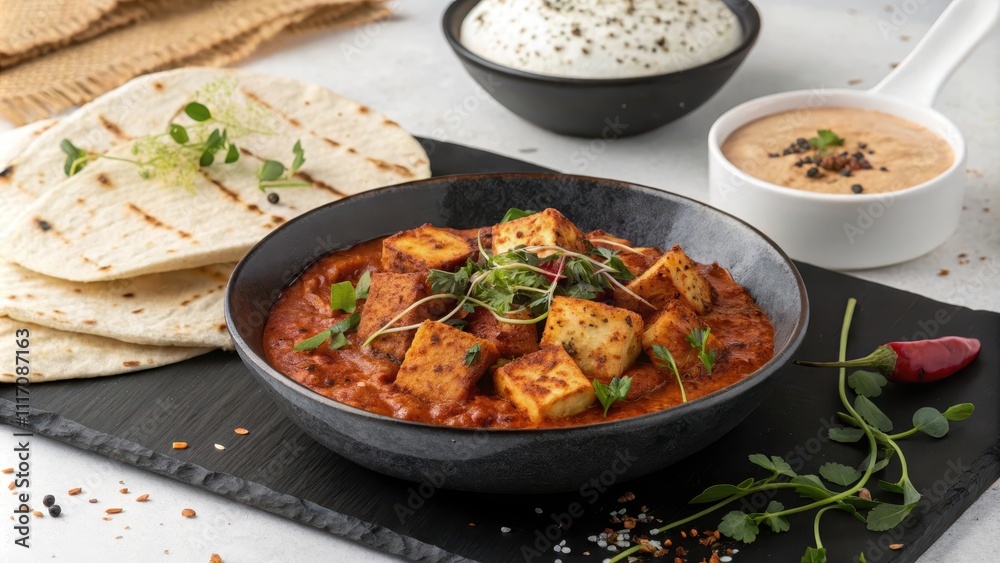 Hearty serving of tofu tikka masala with sides and naan Hearty serving of tofu tikka masala with sides and naan