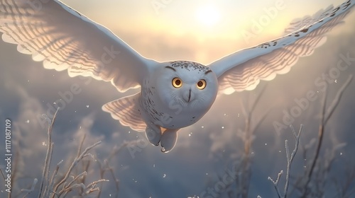 A snowy owl in mid flight against a backdrop of a snowy tundra, piercing golden eyes in focus. photo