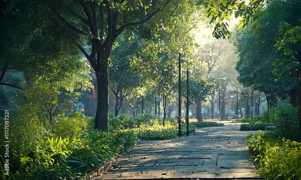 A serene park pathway with a glowing advertisement amidst lush greenery.