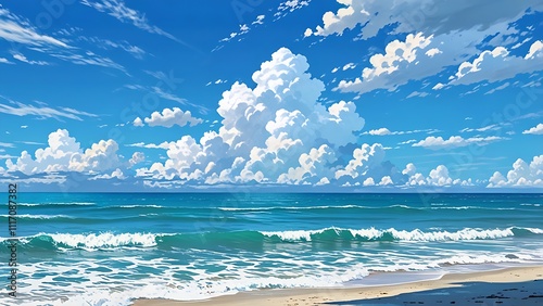 Cartoon anime style sea or ocean with clouds background 