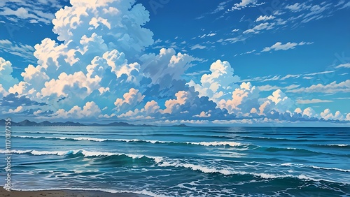 Cartoon anime style sea or ocean with clouds background 