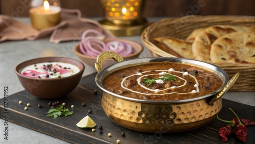 Rich serving of dal makhani presented in a traditional setting