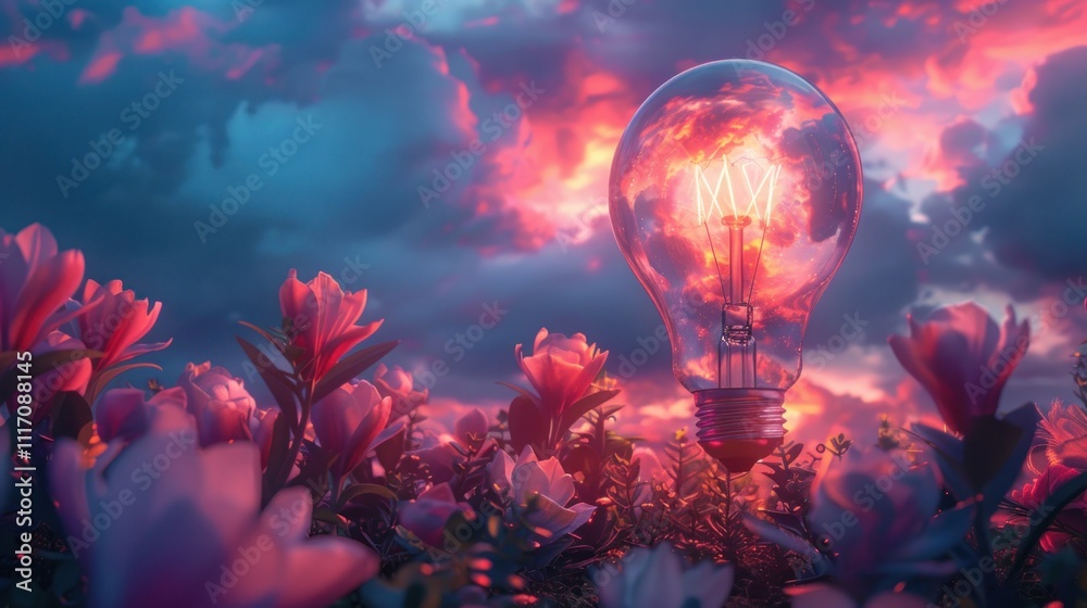Glowing lightbulb in a field of flowers at sunset. (3) Glowing lightbulb in a field of flowers at sunset. (3)