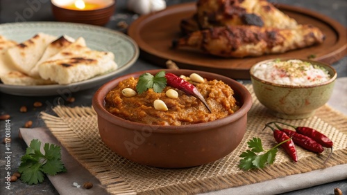 Rustic serving of garlic chutney with flatbread and grilled dish