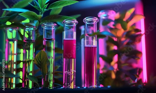 Test Tubes with Plants Illuminated by Colored Lights, Representing Molecular Biology Research and Genetic Engineering