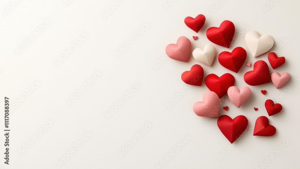 Colorful hearts in various shades scattered on a light background, symbolizing love and affection. Colorful hearts in various shades scattered on a light background, symbolizing love and affection.