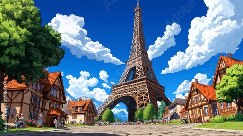 Scenic view of Eiffel Tower surrounded by charming houses and sky