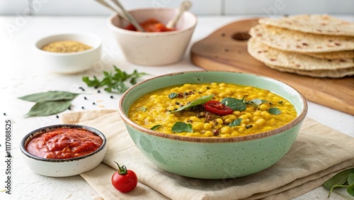 Vibrant bowl of moong dal served with flatbreads and condiments