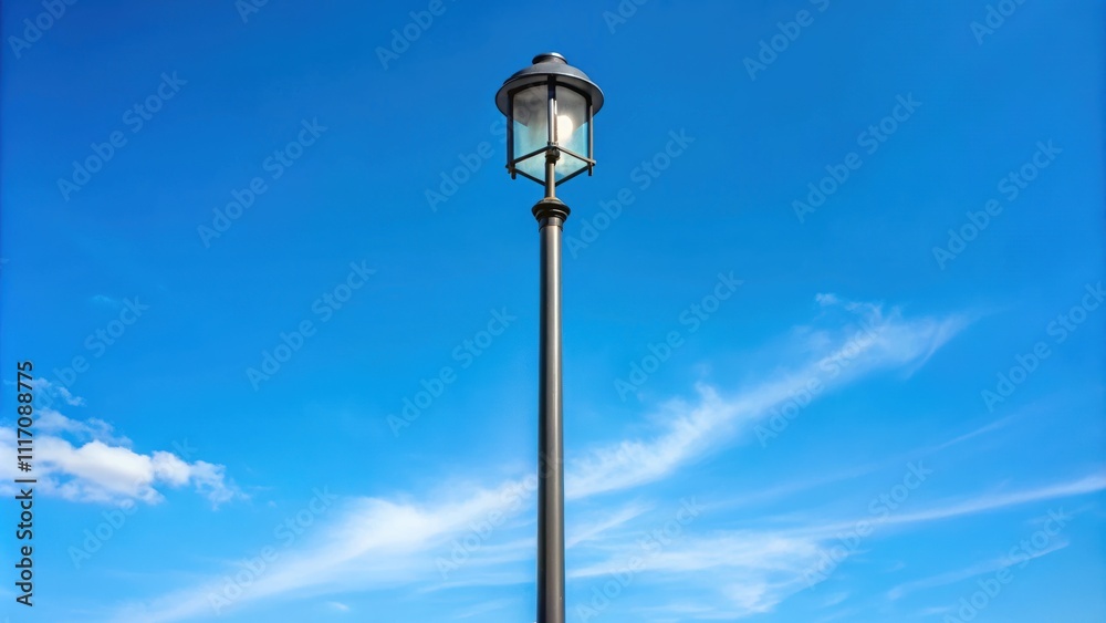 Tall and sturdy metal street light pole against a blue sky backdrop, urban, lighting, infrastructure, cityscape Tall and sturdy metal street light pole against a blue sky backdrop, urban, lighting, infrastructure, cityscape