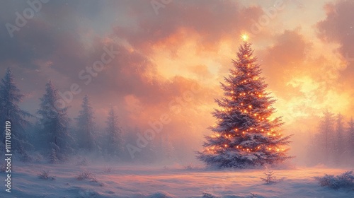 Winter Landscape with Christmas Tree and Serene Sky at Dusk