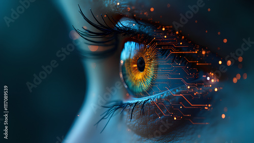 Human Eye with Digital Circuitry Overlay Symbolizing the Convergence of Technology and Biology Artificial Intelligence Cybersecurity and the Future of Enhanced Vision in Biometric and Surveillance