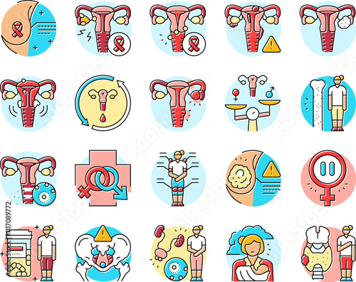woman health medical care icons set vector. breast cancer, endometriosis, menstrual, osteoporosis, hormonal imbalance, menopause woman health medical care color line illustrations