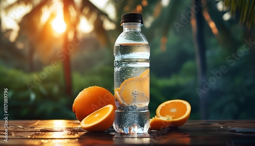 Refreshing orange infused water bottle outdoor setting beverage photography sunset lighting close-up perspective hydration concept for wellness photo