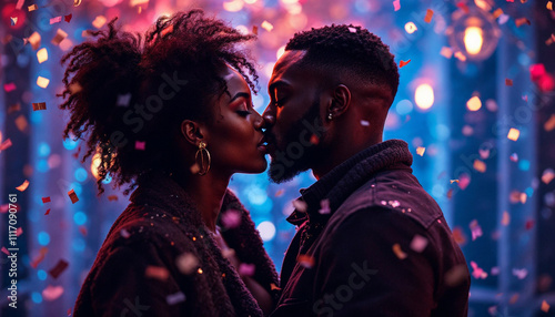 Sexy black heterosexual couple kissing at midnight in a club at a new years party with gold confetti love magic champagne