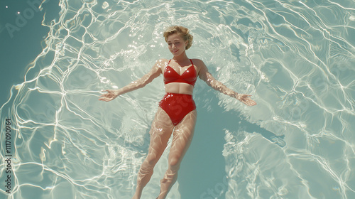In the 1960s, a woman with short blonde hair drifts gracefully on the surface of the shallow end of a swimming pool, wearing a bikini