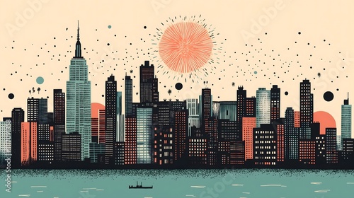 Artistic Cityscape With Fireworks Over Vibrant Urban Skyline