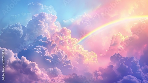 A vibrant rainbow arches gracefully across a dreamy sky filled with fluffy clouds and soft pastel colors. photo