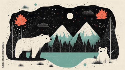 Whimsical Illustration of Polar Bears in a Nighttime Mountain Landscape