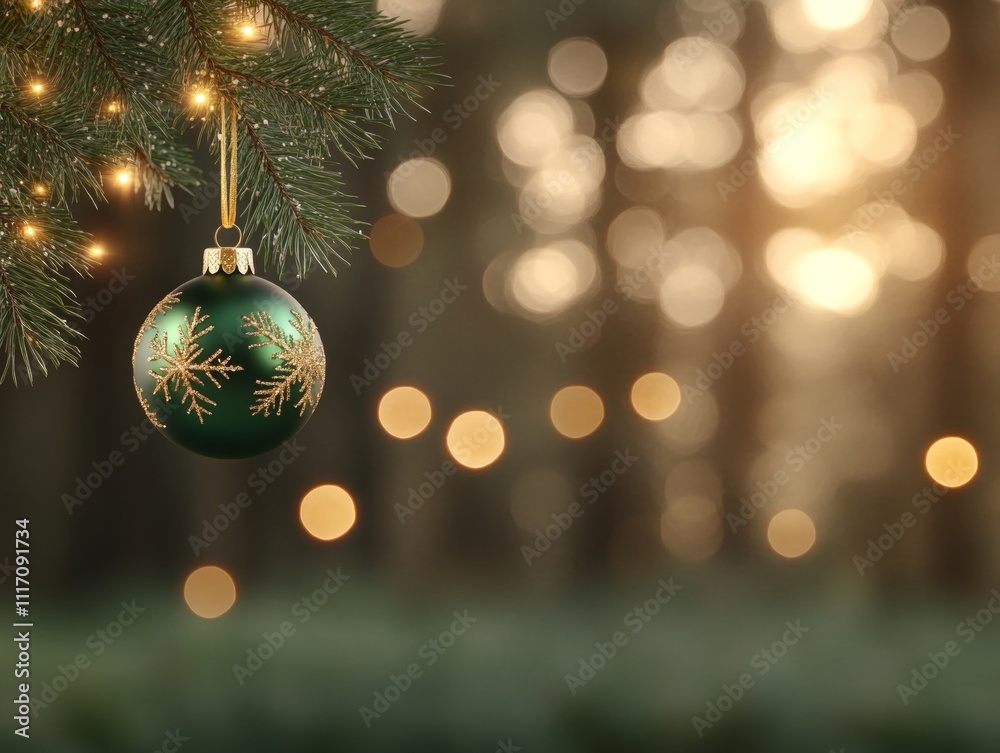 Fototapeta premium Green Christmas Ornament Hanging on Pine Branch with Bokeh Background