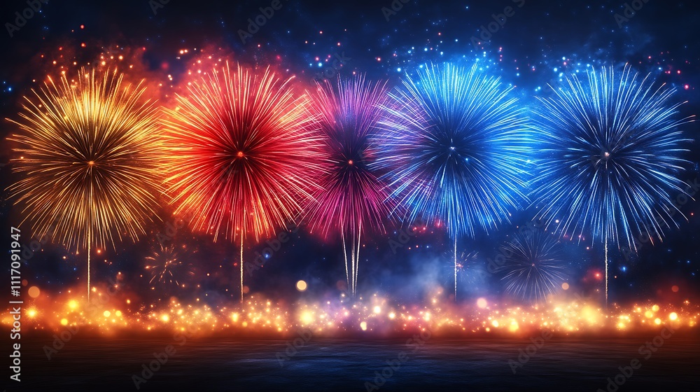 Vibrant Fireworks Display Illuminating Night Sky Vibrant Fireworks Display Illuminating Night Sky