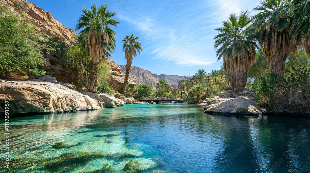 A beautiful desert oasis with palm trees and crystal-clear water. A beautiful desert oasis with palm trees and crystal-clear water.
