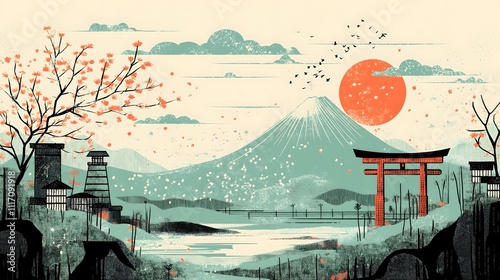 Japanese Landscape With Mount Fuji and Torii Gate at Sunrise