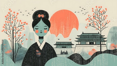 Traditional Korean Art With Woman In Kimono And Scenic Landscape