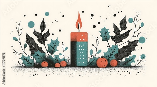 Festive Candle Illustration With Leaves And Ornaments For Seasonal Decoration
