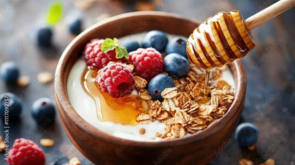 Bowl of fresh yogurt topped with granola, berries, and honey drizzle Bowl of fresh yogurt topped with granola, berries, and honey drizzle