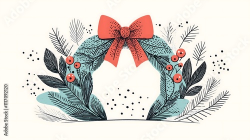 Festive Christmas Wreath Illustration With Red Bow and Berries