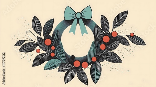 Elegant Christmas Wreath With Red Berries and Blue Bow Illustration