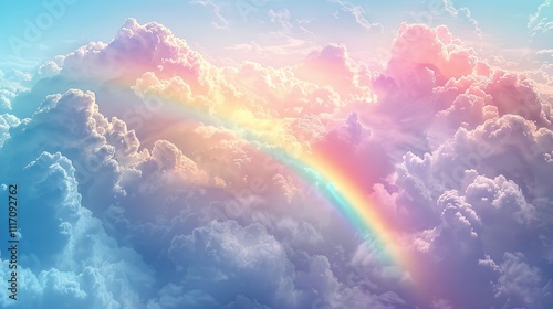 A vibrant rainbow arches gracefully across a dreamy sky filled with fluffy clouds and soft pastel colors. photo