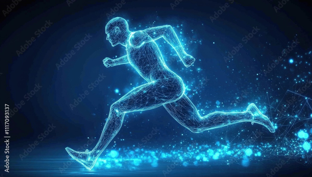 Futuristic digital design showcasing an athlete in motion through holographic technology. Futuristic digital design showcasing an athlete in motion through holographic technology.
