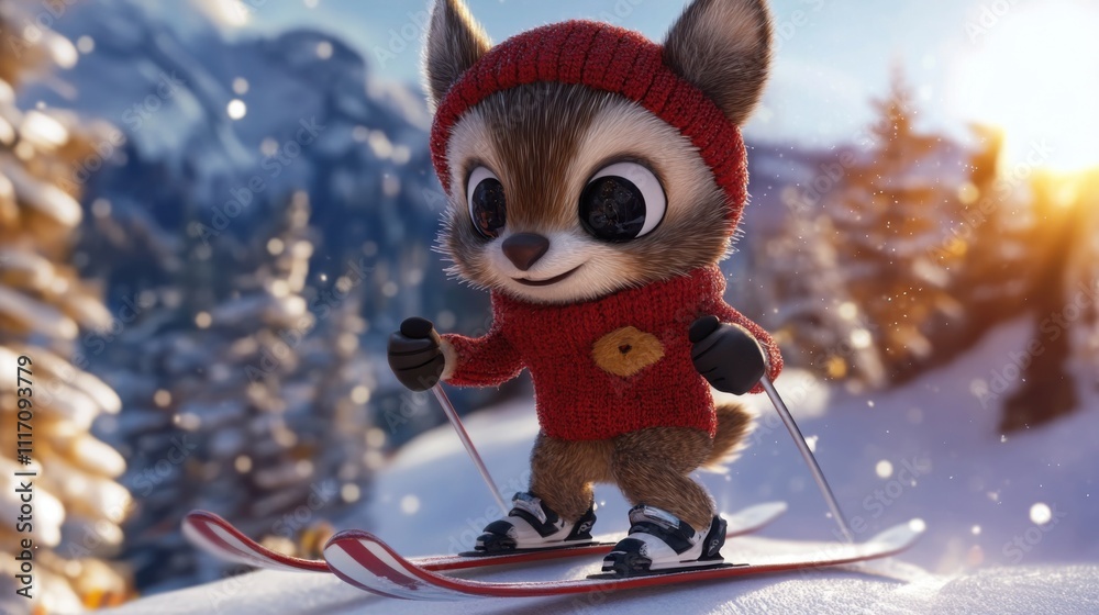 3D Cute Animal Skiing on Simple Background 3D Cute Animal Skiing on Simple Background