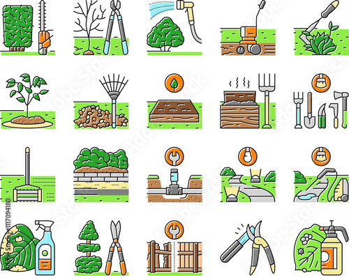 garden maintenance mulching icons set vector. pruning mulching, fertilizing watering, mowing edging, planting trimming, aerating garden maintenance mulching color line illustrations