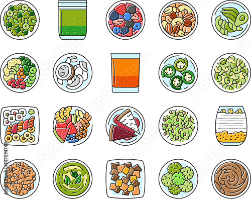 raw foodism food organic icons set vector. vegan detox, cleanse nutrition, superfoods enzymes, sprouts juicing, smoothies raw foodism food organic color line illustrations