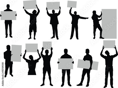 Set of men holding sign in various pose silhouette illustration