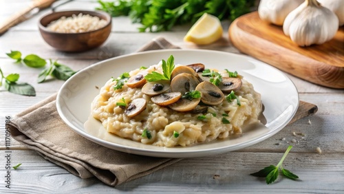 Creamy and flavorful mushrooms risotto on a white plate, risotto, mushrooms, creamy, delicious, Italian cuisine