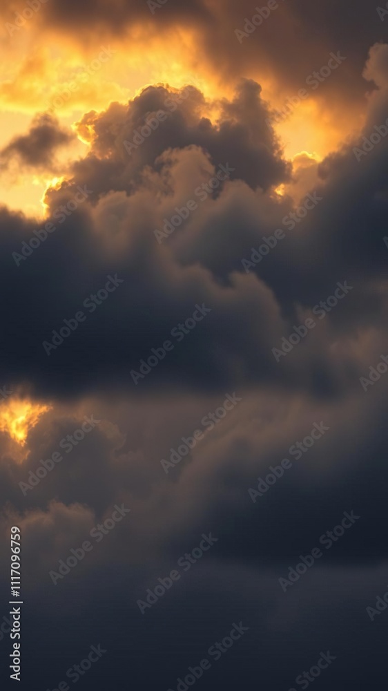 Thick and dark clouds at sunset with a hint of golden light peeking through, energetic, sunset, thick Thick and dark clouds at sunset with a hint of golden light peeking through, energetic, sunset, thick
