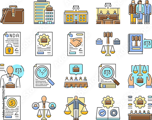 corporate law compliance icons set vector. corporation governance, merger acquisition liability contract, litigation regulation corporate law compliance color line illustrations