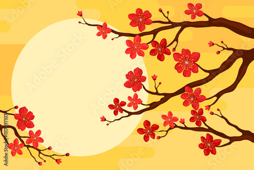Branch with red sakura flowers on a yellow background, copyspace for your text. Postcard or banner template for Lunar New Year, Chinese New Year, Tet. Spring apricot, cherry or apple flowers.