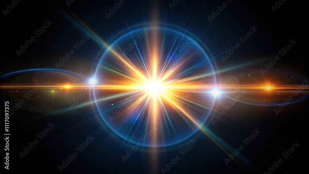 Realistic optical lens flare shining on a black background, lens flare, light effect, sunshine, photography